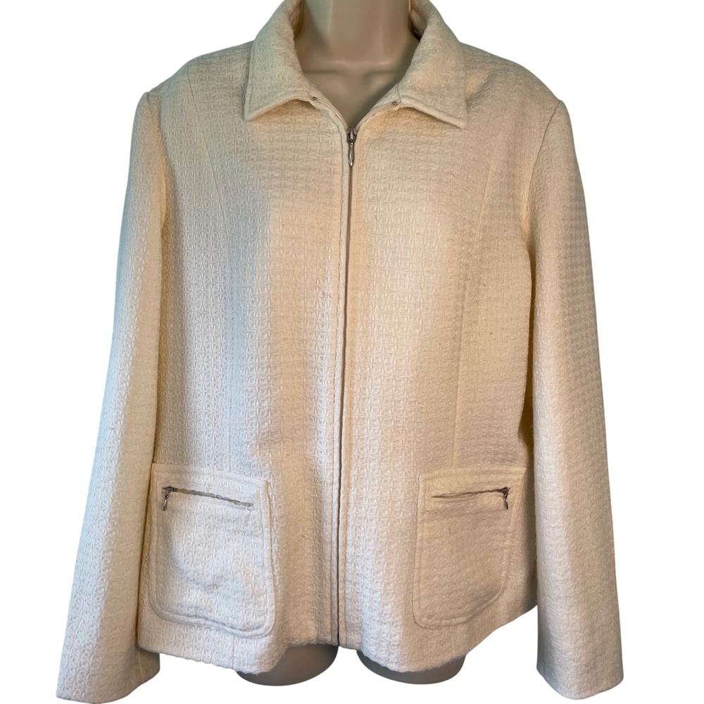 Coldwater Creek Textured Full Zip Jacket Off White Size 14 Pockets Spring‎